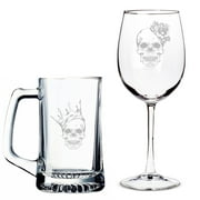 Skull King Beer Mug and Skull Queen Wine Glass Set