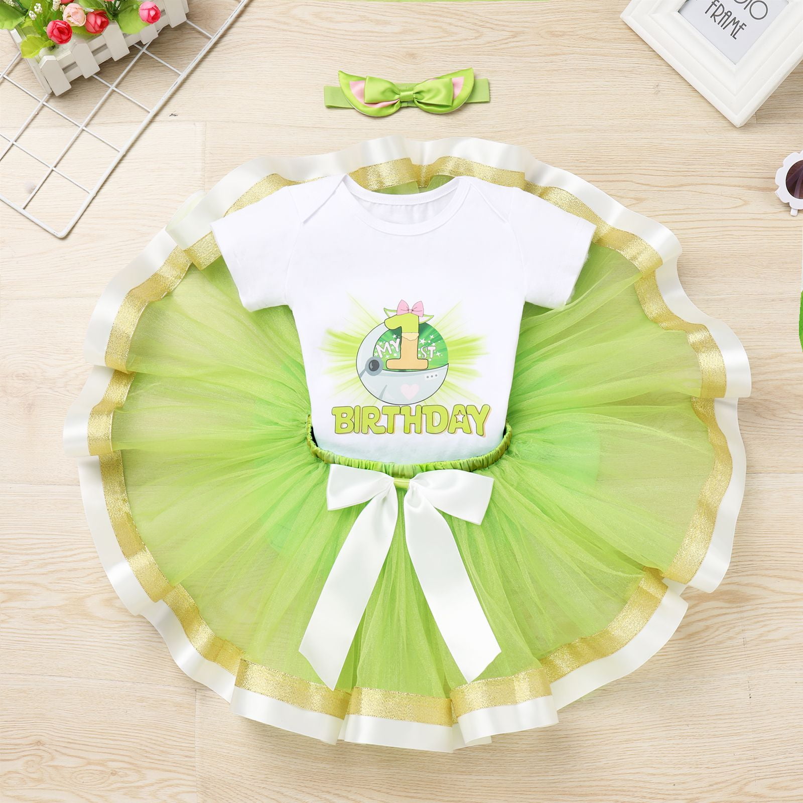 IBTOM CASTLE Infant Baby Girls 1st Birthday Outfits Short Sleeve Romper + Tutu Skirt + Headband 3PCS Set for Cake Smash Photoshoot 1 Year Green