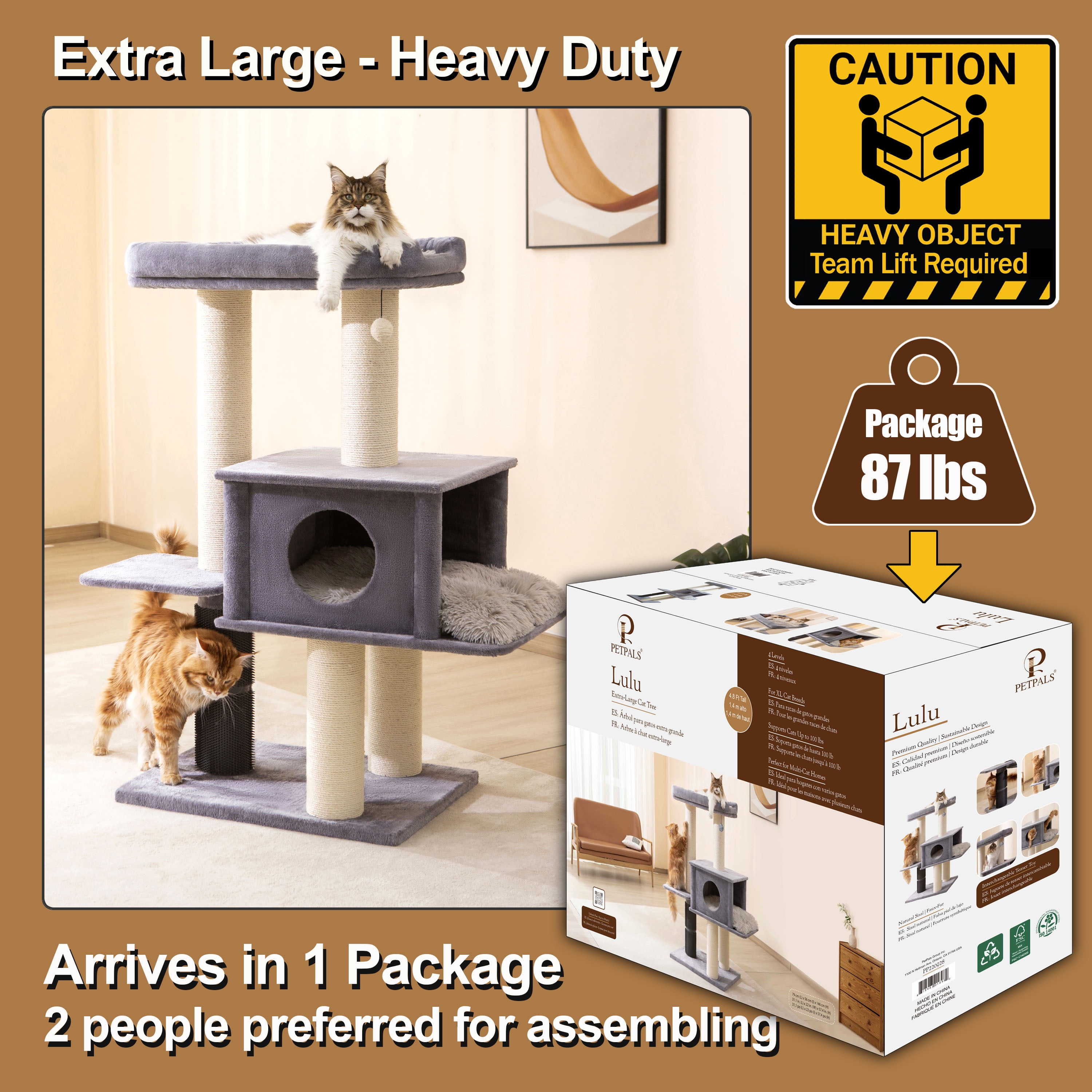 PetPals 57” Grand Maine Coon™ Cat Tree with Large Condo, Sisal Scratching Posts, Top Bed for Big Cats, Grey