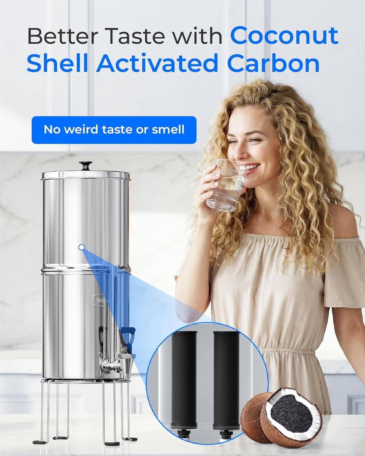 Waterdrop Gravity-fed Water Filter System, NSF/ANSI 42&372 Standard, 2.25G Stainless-Steel System with 4 Filters, Metal Water Level Spigot and Stand, Reduces Chlorine-King Tank Series, WD-TK-FS