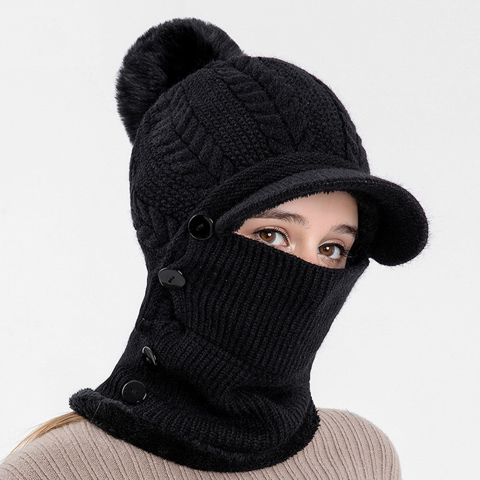 Tanhomme Fleece Ski Covers Winter Face-Cover Windproof Hooded Scarf Cold Weather Hat Neck Warmer Winter Women's Knitted Pullover Ear Warm Cold Dome Pullover Hat