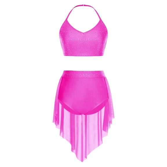 inlzdz Womens Dance Outfit V-Neck Camisole High-Waist Mesh Skirts 2-Piece Set for Stage Performance Hot Pink M
