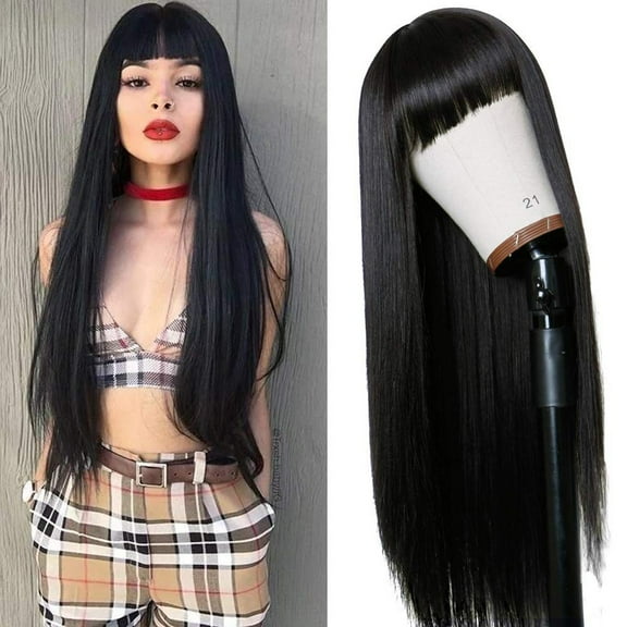 Ediodpoh Long Straight Hair wig Natural Black Remy Heat-Resistant Fiber Hair Wigs for Women Black