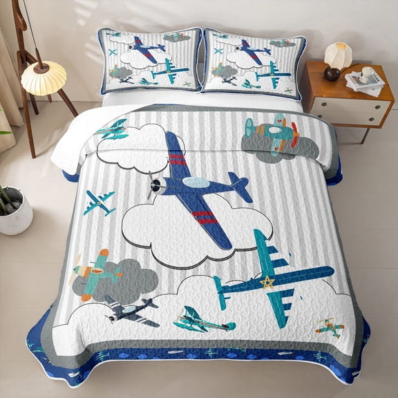 Erosebridal Cartoon Airplane Twin Quilt Set for Boys Men, Cartoon Cloud Print Twin Coverlet Set, 2 Pieces