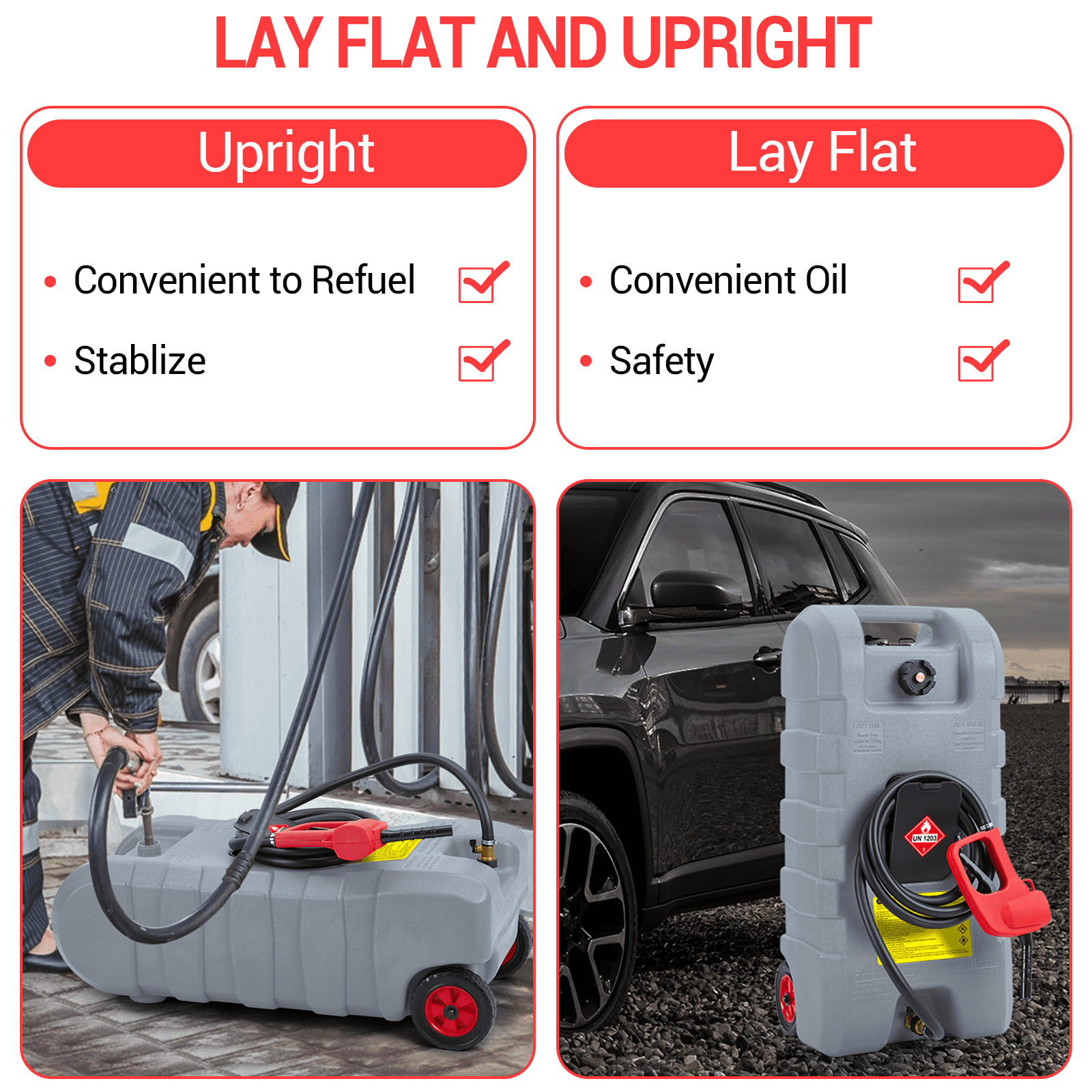 JoanKaren Industrial Portable Fuel Tank 15 Gallon Container Caddy Tank with 10-Foot Hose,Wheeled Utility Transfer Tank,Grey