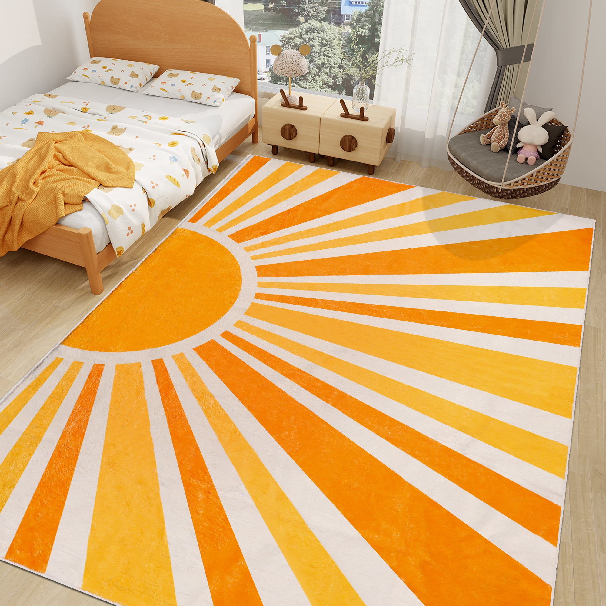 Sun Print Machine Washable Area Rugs-4x6ft for Living Room, Yellow Large Non-Slip Boho Kids Nursery Throw Rug Carpet for Bedroom Entryway Dining Room Office Rug Decor