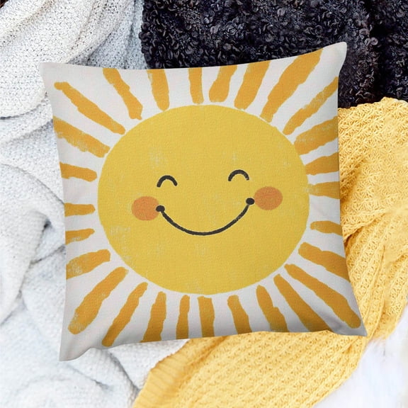 FCXZI Sun Smiley Face Pillow Case 100% Linen Decorative Cover 18x18in