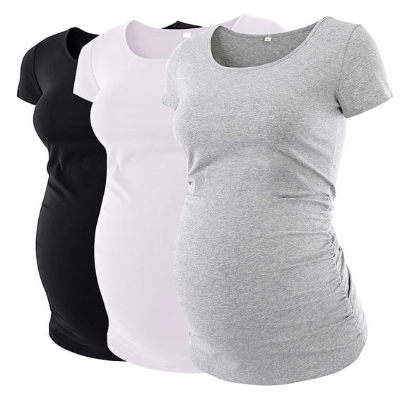 Ecavus Maternity Tops Short Classic Versatile Style Mama Pregnancy Clothes 3-Pack Black White Grey L