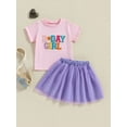 thumbnail image 2 of Musuos Little Girls Summer Skirt Outfits 1-6 Years Letter Embroidery Short Sleeve Round Neck T-shirt with Tulle Mini A-Line Skirt Set, 2 of 8