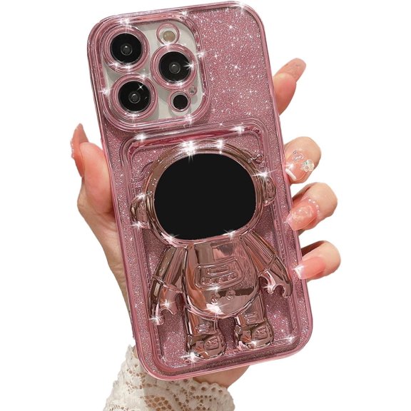 Compatible for iPhone 13 Pro 6.1 Inch Bling Plating Astronaut Hidden Stand Case, Cute Clear Glitter Card Slot Case for Women Girls Shockproof Back Cover for iPhone 13 Pro Pink