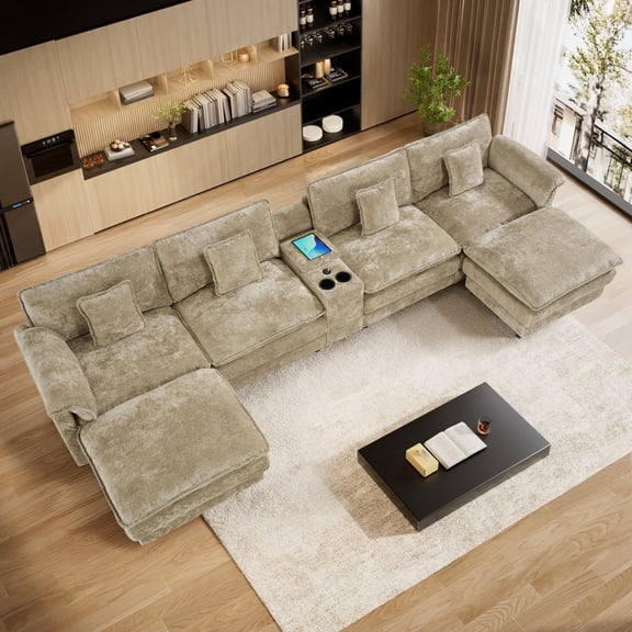 Rophefx 151.5" Sectional Sofas for Living Room, Oversize Couch with Storage, U Shaped Cloud Couch with Ottoman, Deep Seat Chenille Sofa with 2 USB Ports and Cup Holders, Yellow