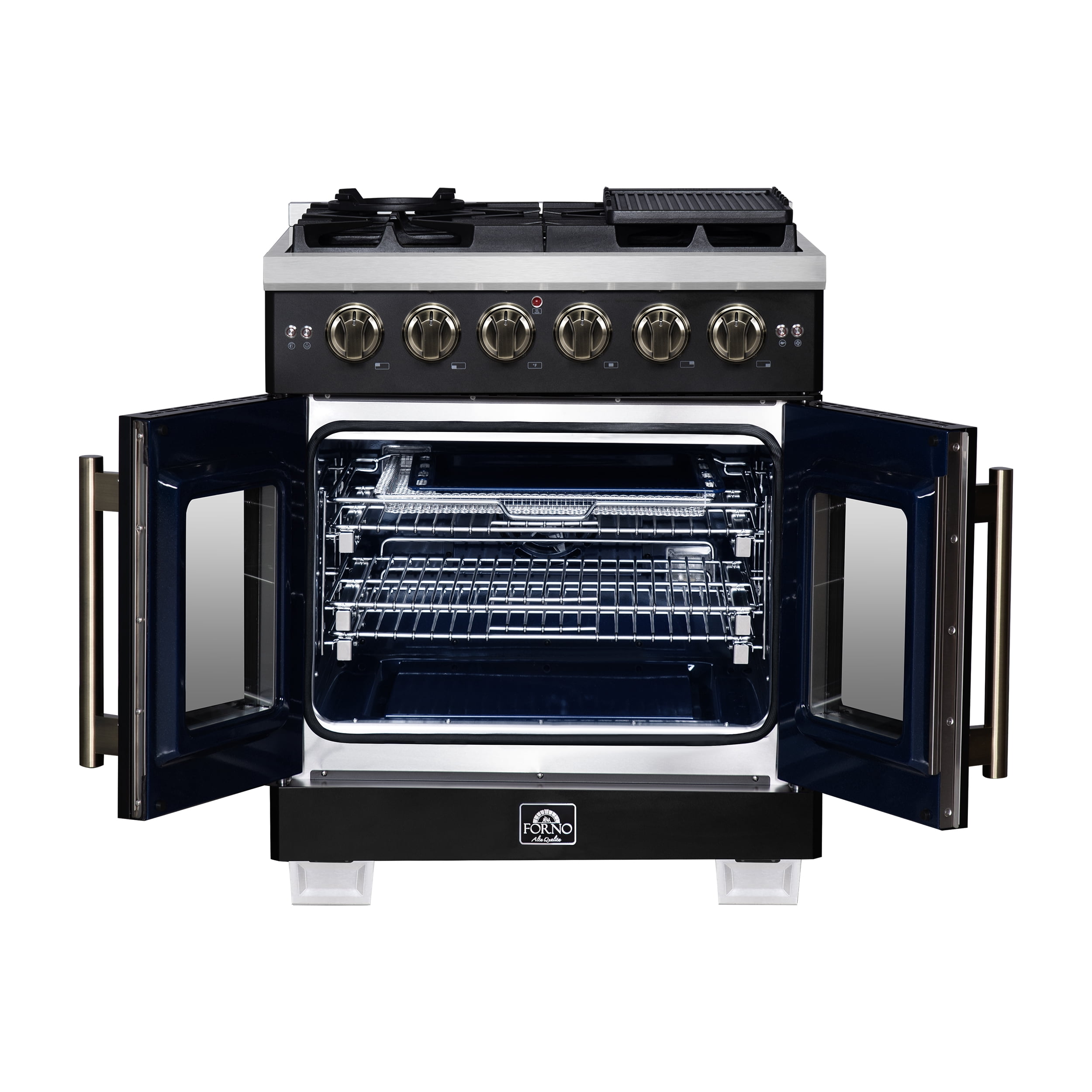 Forno Capriasca 30-Inch Freestanding French Door Gas Range, 4 Burners, Convection Oven, Energy Efficient