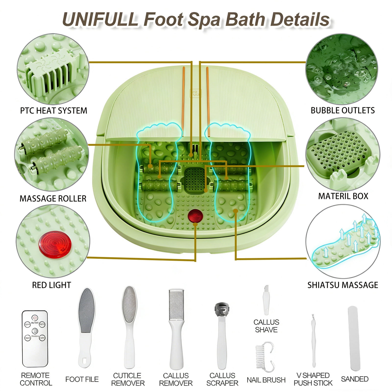 UNIFULL Foot Spa Bath with Heat and Temperature Control, Massager Roller, Bubble, Remote Control, Pedicure Kit, Red Light, Large Heating Foot Bath-Green