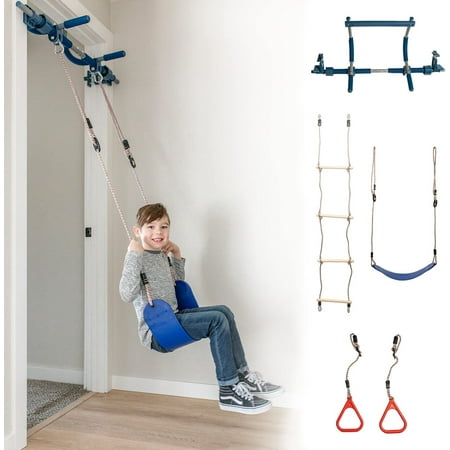 Gym1 4-Piece Deluxe Indoor Doorway Gym Set for Kids | Professional Grade Steel Holds 300 Lbs | Includes Swing Chair  Pull-Up Bar  Rings & Ladder | All in One Playground Set for Kids 3 & Above - Blue