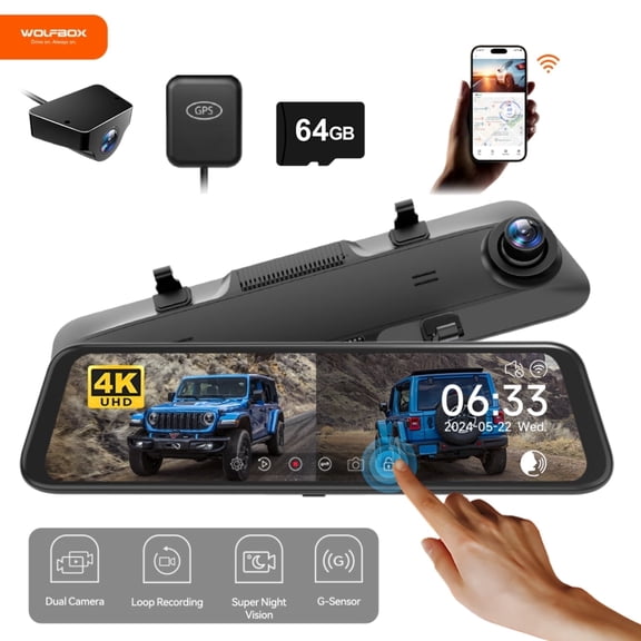 WolfBox Dash Cam, Dashcam 4K in Wifi& GPS, 12'' 4K 1080P Rear View Mirror Dash Cameras with Super Night Vision, See the license plate clearly, Free 64GB Card