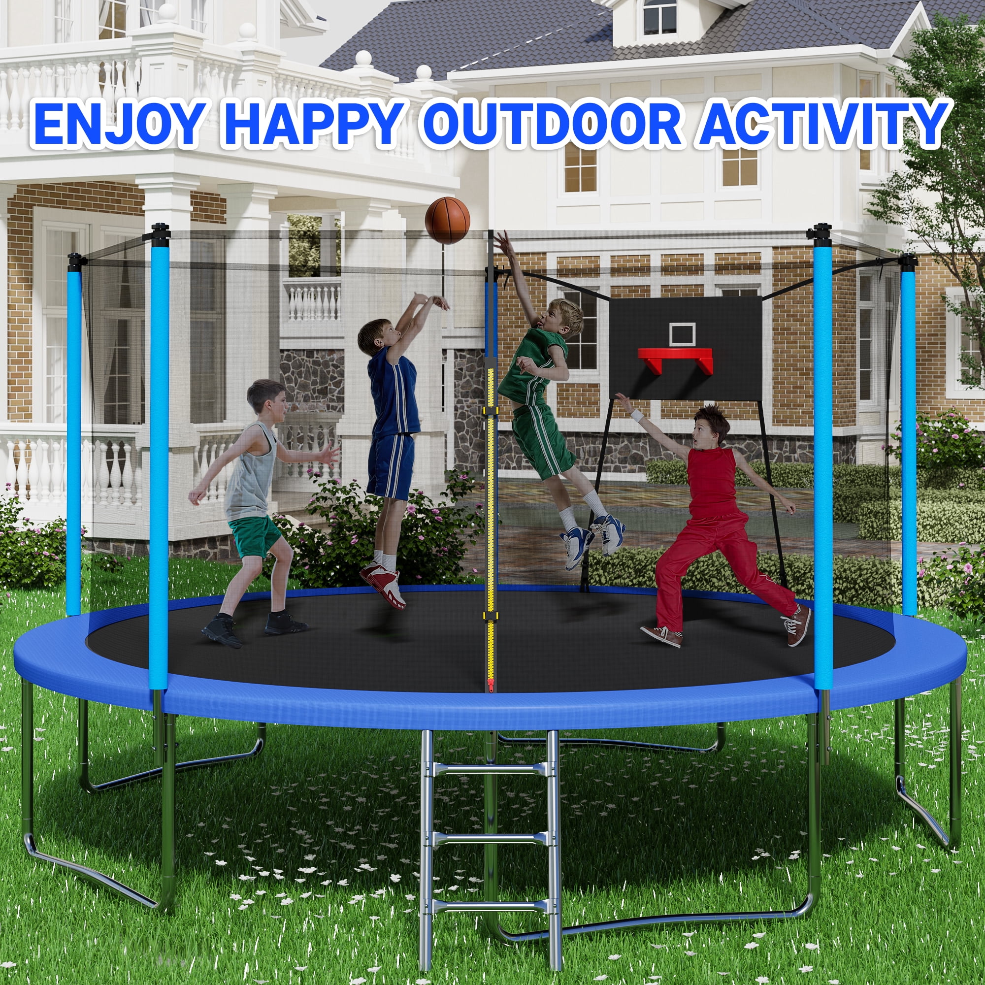 Yoneston 14ft Kids Trampoline with Basketball Hoop, 1300LBS Upgraded Round Outdoor Trampoline with Enclosure & Ladder, Heavy-Duty Backyard Trampoline for Children Gift, Blue