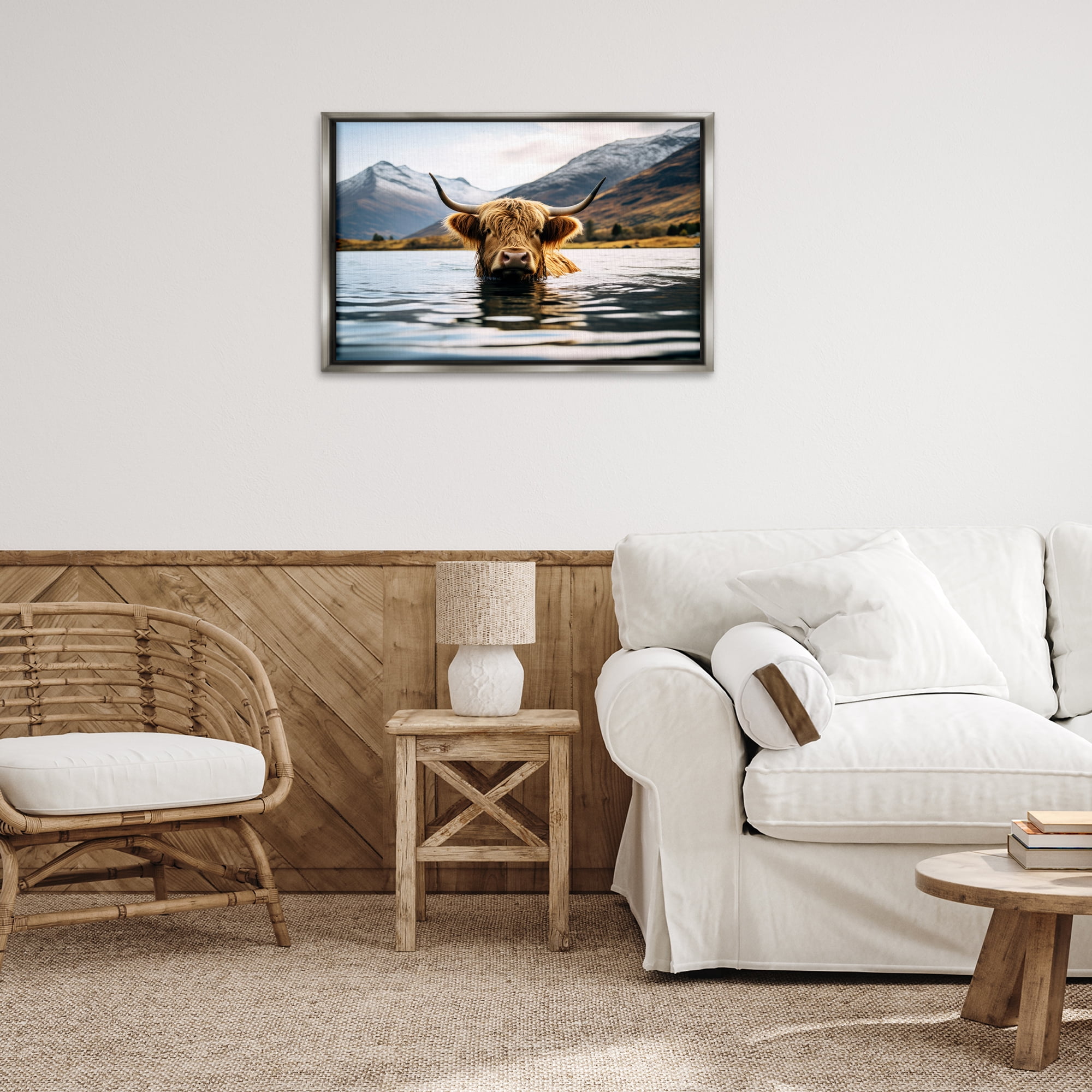 Stupell Industries Cattle Peeking from Water Animals Photography Gray Floater Framed Canvas Art Print Wall Art, 31 x 21