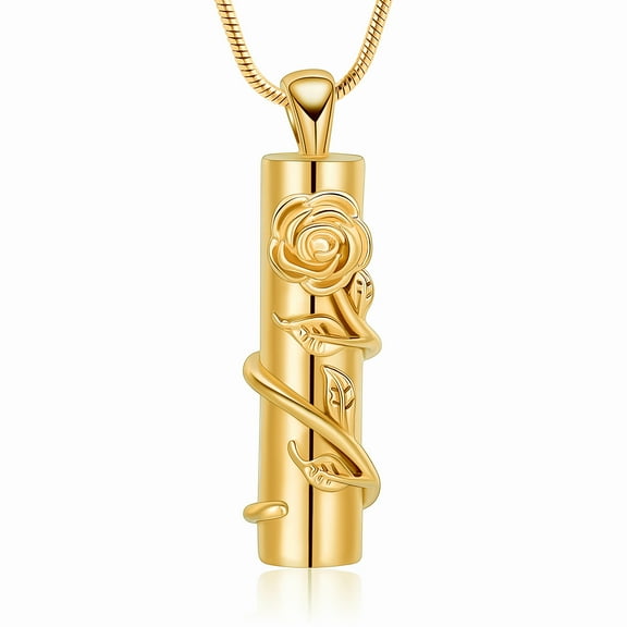 Stainless Steel Rose Flower Wrapped Cylinder Urn Pendant Cremation Jewelry for Ashes Holder Memory Necklace Memorial Jewelry