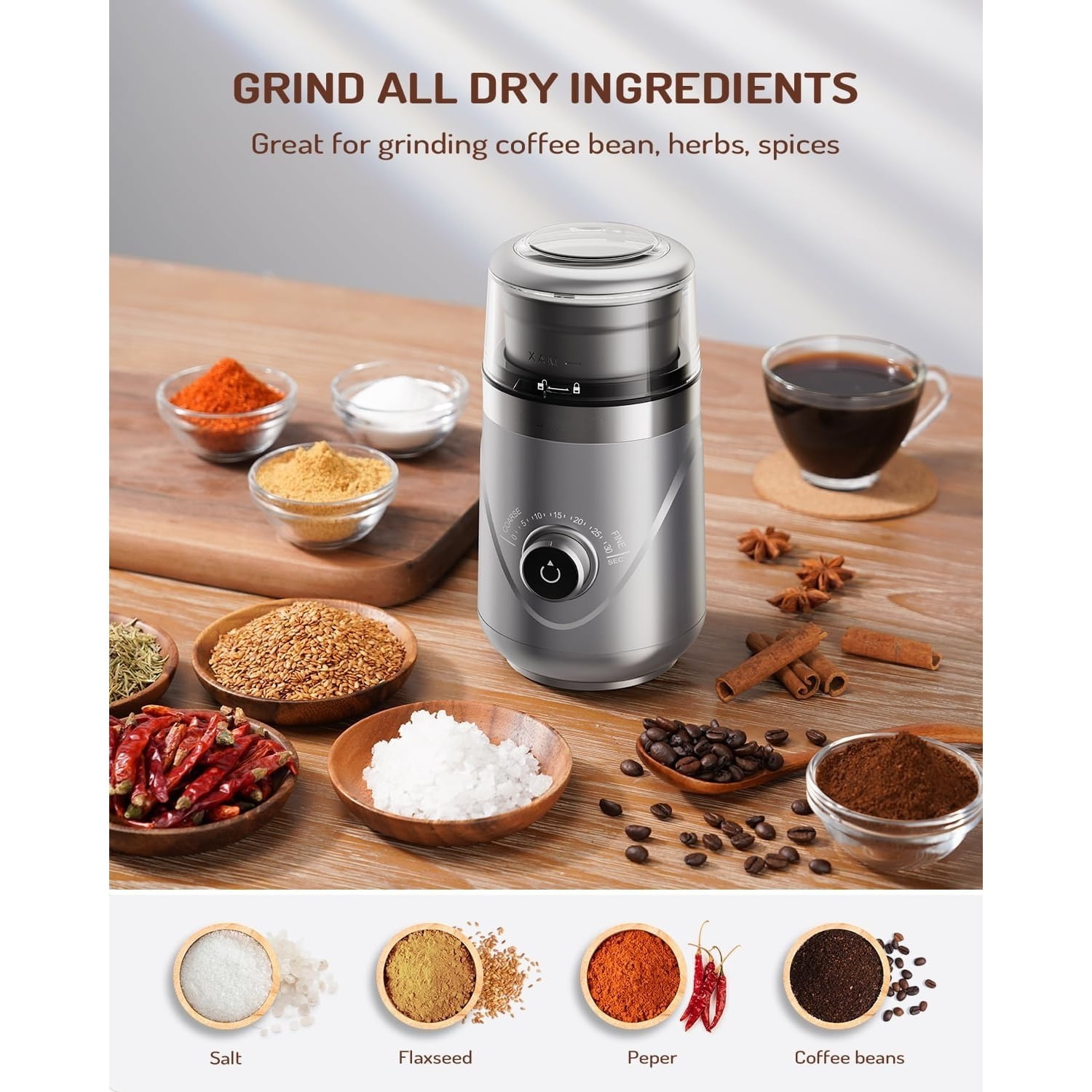 Electric Super Silent Blade Coffee Grinder, Timed Grind Control Rotary Knob, Adjustable Coarse to Fine for Coffee Beans, Spices & Herbs, with 1 Removable Stainless Steel Bowl, Sliver