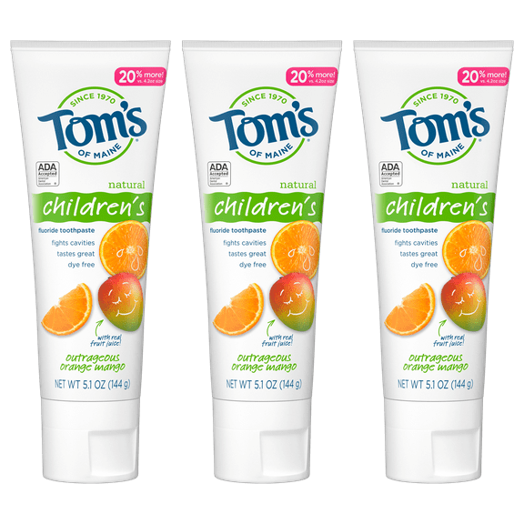 Tom's of Maine Anticavity Fluoride Children's Toothpaste, Kids Toothpaste, Natural Toothpaste, Outrageous Orange-Mango, 5.1 Ounce, 3-Pack