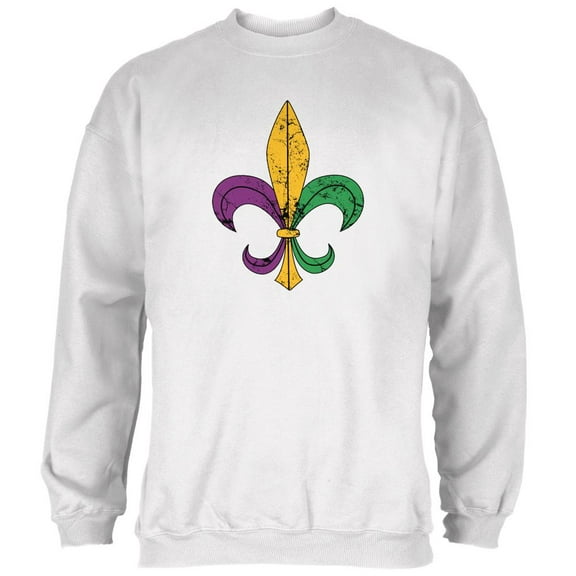 Mardi Gras Fleur De Lis Distressed White Adult Sweatshirt - Medium
