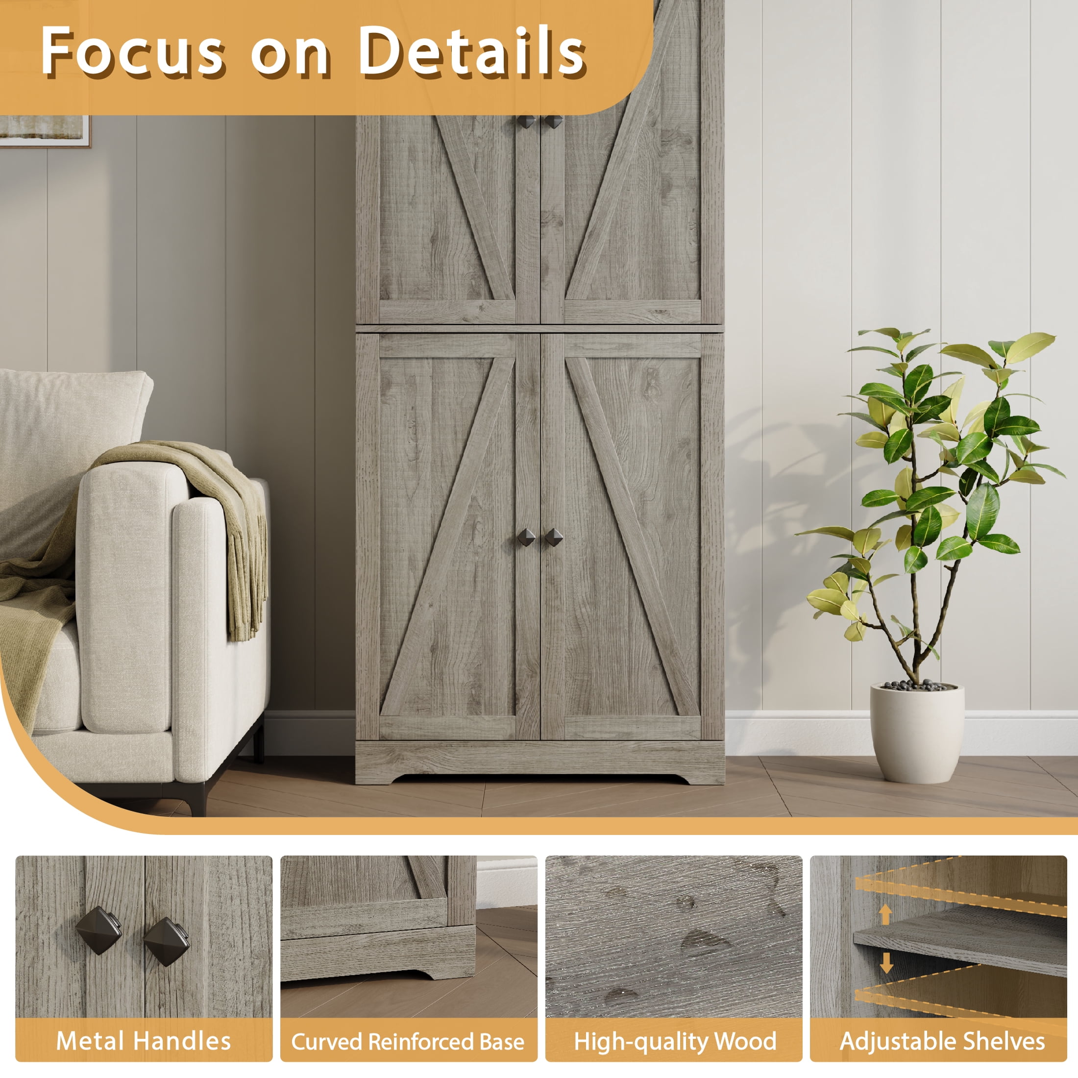 YouTrend 72'' Farmhouse Kitchen Pantry Cabinet with 4 Barn Doors,Storage Cabinet W/ 4 Shelves for Living Room,Kitchen,Bathroom,Office,Gray