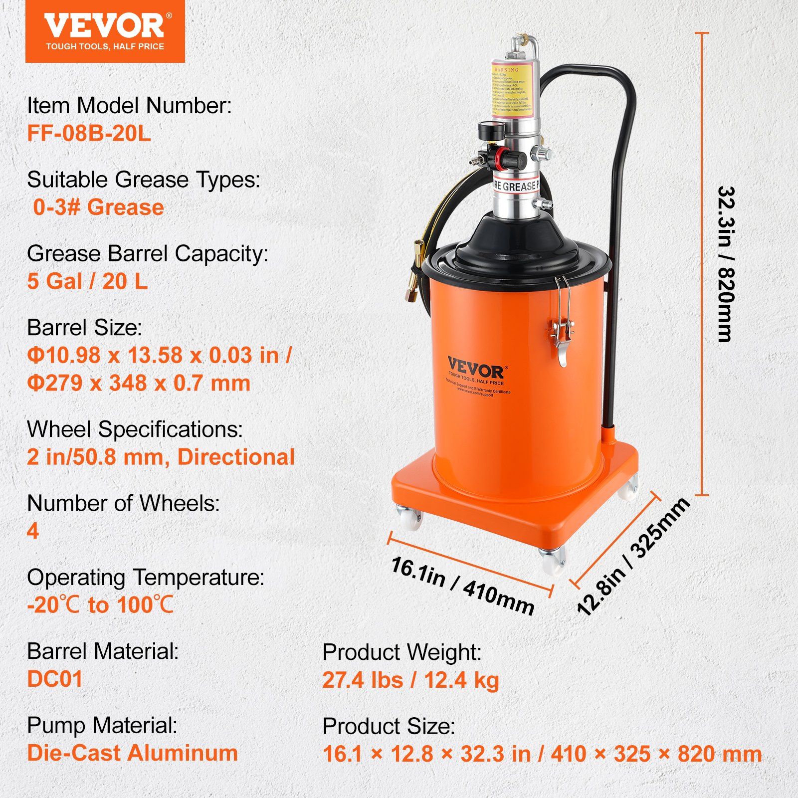 Air Operated Grease Pump, 5 Gallon (20L) Portable Pneumatic Lubrication System with 13 ft High Pressure Hose & Grease Gun, 50:1 Pressure Ratio, Wheeled Bucket Pump for Heavy-Duty Maintenance