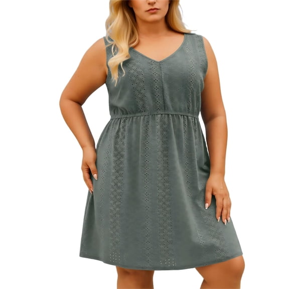 Admvng Women's Plus Size Casual Dress Eyelet Embroidery Elastic Waist Beach Sundress