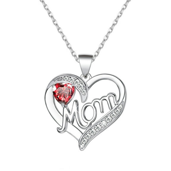 "MOM" Heart Pendant Necklace – Diamond-Accented Mother’s Day Gift with Love