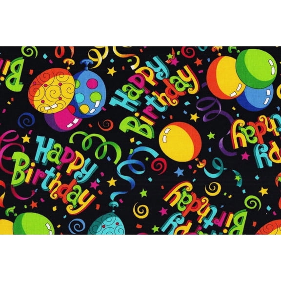 Fabric Traditions Happy Birthday Balloons on Black 100% Cotton Novelty Fabric