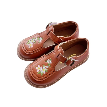 

Lacyhop Girls Flat Shoes Princess Mary Jane Embroidered Flats School Breathable Dance Shoe Non-slip Magic Tape Loafers Brown 11.5C