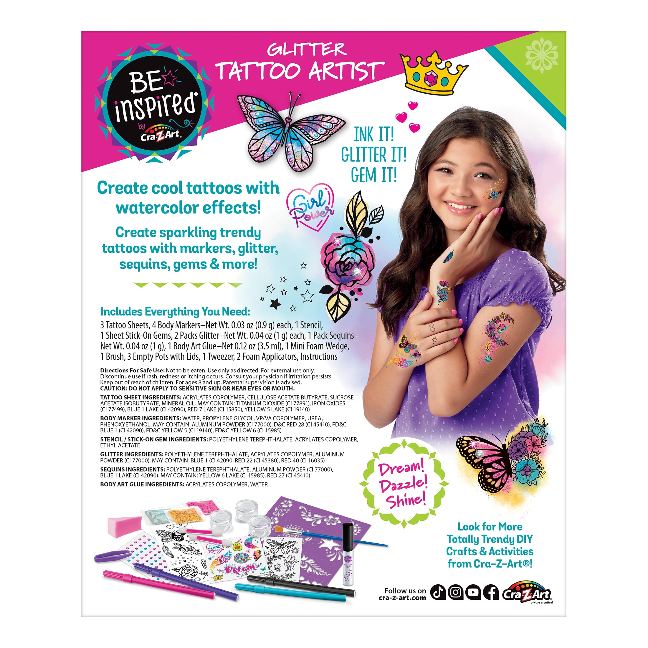 Be Inspired by Cra-Z-Art Glitter Tattoo Artist Set, Best for Tweens, Teens, and Adults Ages 8 and up