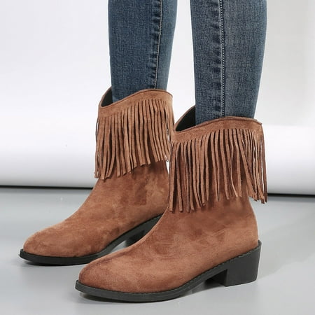 

YOUSNH Retro Tassel Boots for Women Autumn and Winter New Pointed Thick Heels Solid Western Denim Short Boots for Women Women s Boots Brown 9