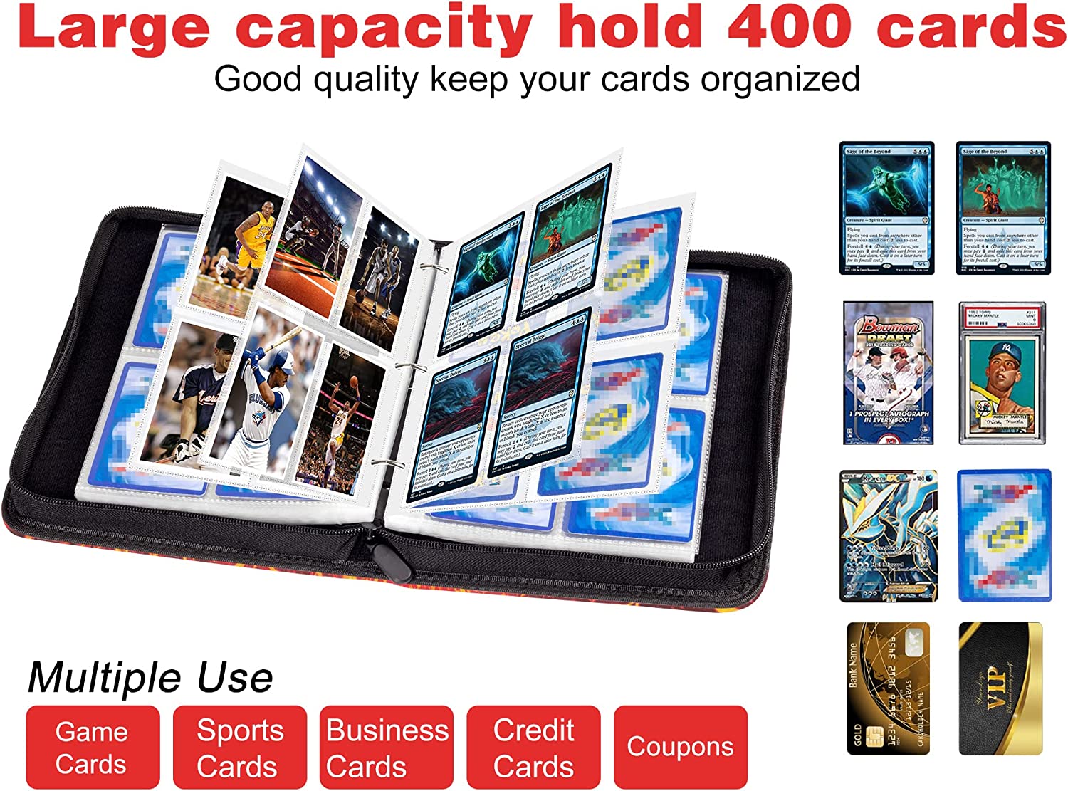 Album Collection Cartes - Classeur 400 Cartes - Cuir PU, Fermeture éclair - Compatible Pokémon, YuGiOh, Sport - 12