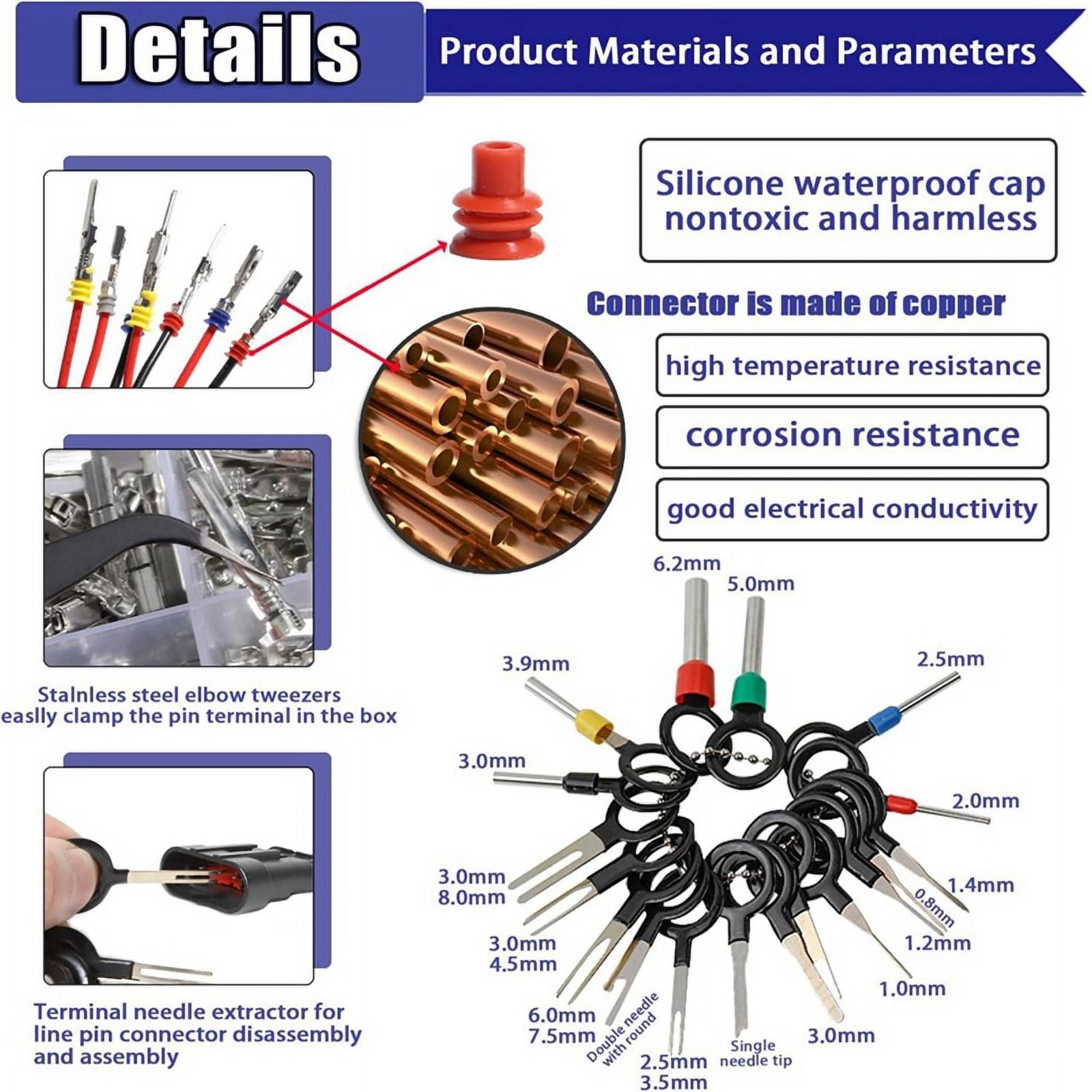 950pcs Connector Pins Kit Crimped Terminal Pin Automotive Car Electrical 1-3.5mm Male&Female Wire Seals Removal Tool Kit