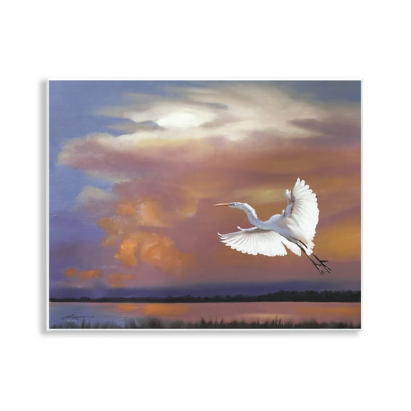 Stupell Industries Heron Flying with Sunset Landscape Painting Unframed Art Print Wall Art, 14 x 11