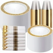 50 Guests Dinnerware Sets, Gold Plastic Plates，Platos Para Fiestas Elegantes Desechables Include:50 Dinner Plates, 50 Dessert Plate, 150 Pcs Gold Plastic Silverware, 50 Cups for Party