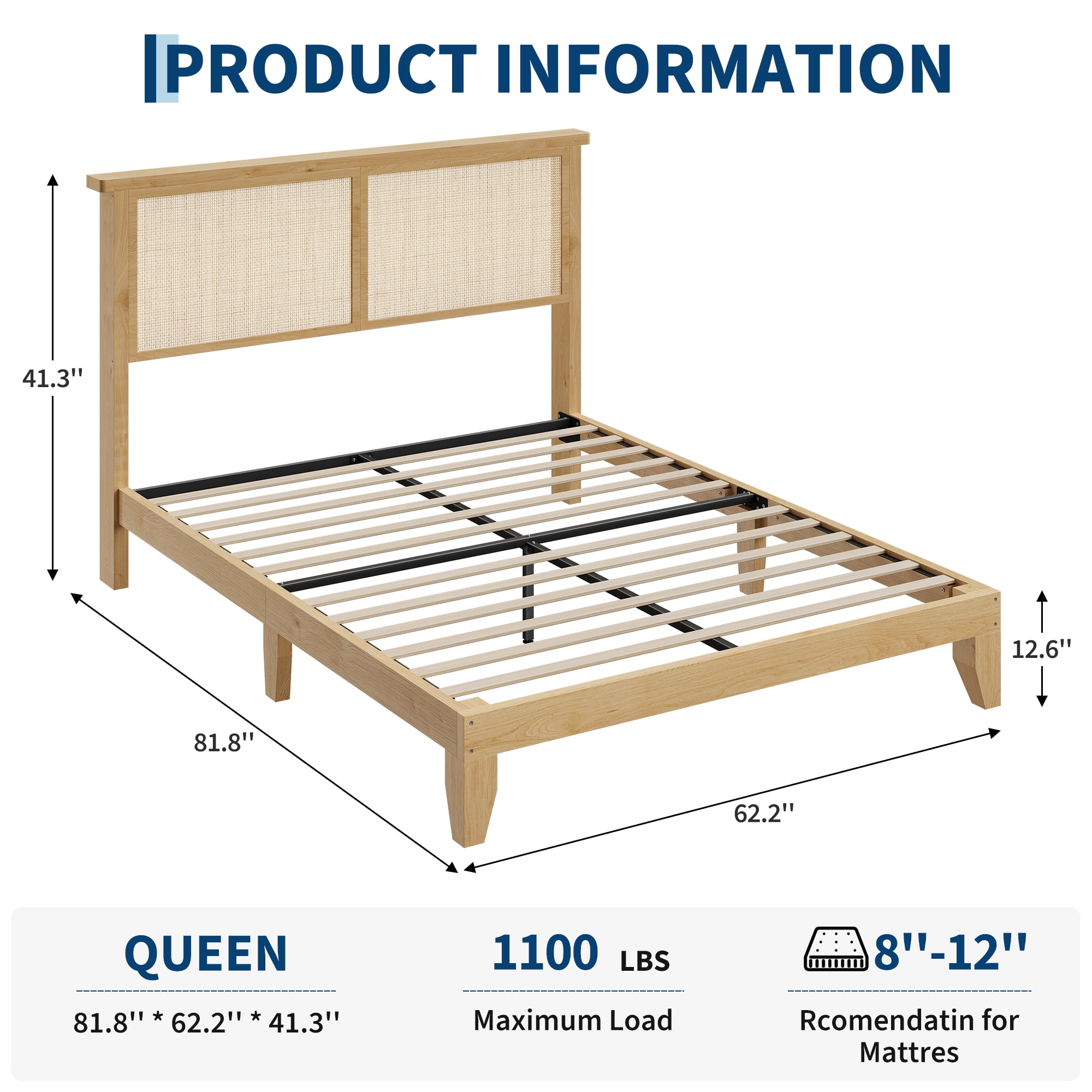 Boho Queen Bed Frame, Rattan Headboard Bed Frame With Led Lights, Noise-Free Platform Light Wood Bed Frame, Easy Assembly, No Box Spring Needed