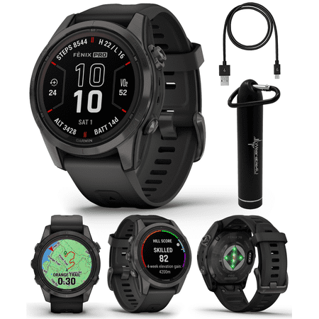 Garmin fenix 7S Pro Solar Sapphire 42 mm Multisport GPS Smartwatch, Carbon Gray DLC Titanium, Black with Wearable4U Power Bank Bundle
