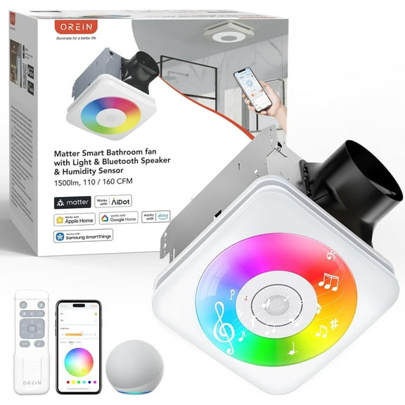 OREiN Matter Smart Bathroom Exhaust Fan with Light, 110/160 CFM 0.8/1.0 Sones Bathroom Fan with Bluetooth Speaker, Exhaust Fans with Humidity Sensor & Remote, APP Control, 1500lm 2700k-6500k Dimming