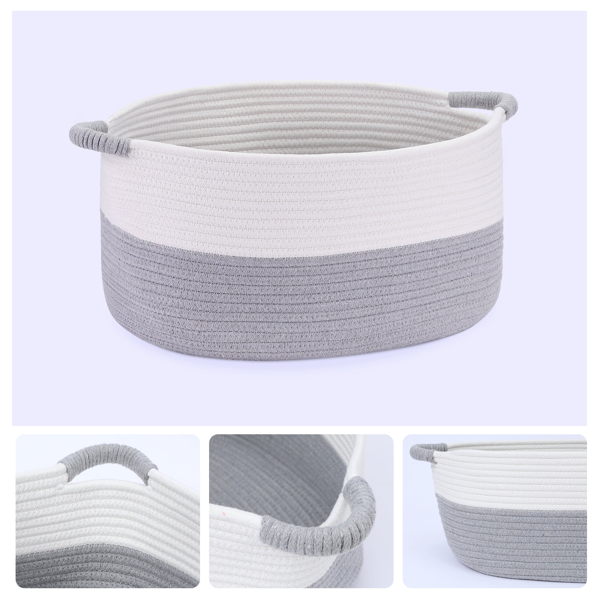 Unique Bargains Woven Storage Basket Bin with Handles White/Grey 17*12.5*8.5in