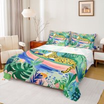 Feelyou Cartoon Leopard Cheetah Bed Sheets, Palm Leaves Botanical King Sheets, Kawaii Jungle Animal Sheet Set, Super Cozy Room Decor, 4pcs