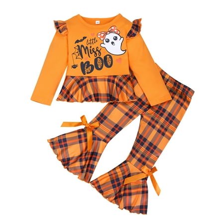 

nsendm Toddler Girls Halloween Ruffles Long Sleeve Cartoon Prints T Shirt Tops Plaid Little Girl Clothes Size 7-8 Childrenscostume Orange 12-18 Months