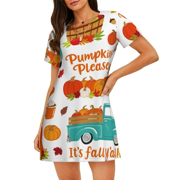 Logiee Fall Pumpkins Print Nightgowns for Women,Soft Short-Sleeved Lightweight Sleepwear, Loose Sleepshirts