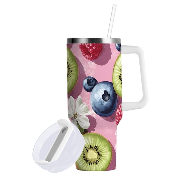 Yayeee 40oz Stainless Steel Tumbler with Straw and Handle Double-Wall Insulated Travel Water Bottle, Pink Blueberries