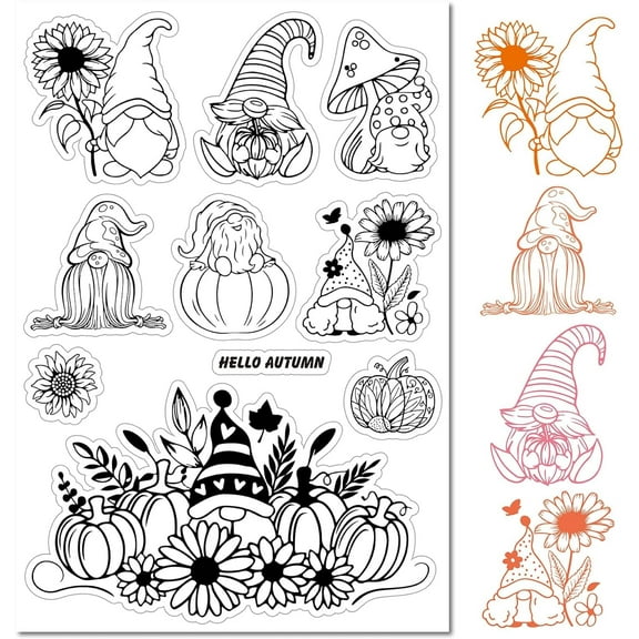 Gnome Autumn Clear Rubber Stamp Sunflower Dwarf Transparent Silicone Seals Stamp for Thanksgiving Journaling Card Making DIY Scrapbooking Handmade Photo Album Notebook Decor Colorful DIY