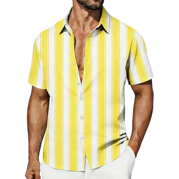 SELONE Mens Hawaiian Shirts Short Sleeve Button Down Shirt V Neck Stripe Shirts Loose Beach Tee Yellow 5XL