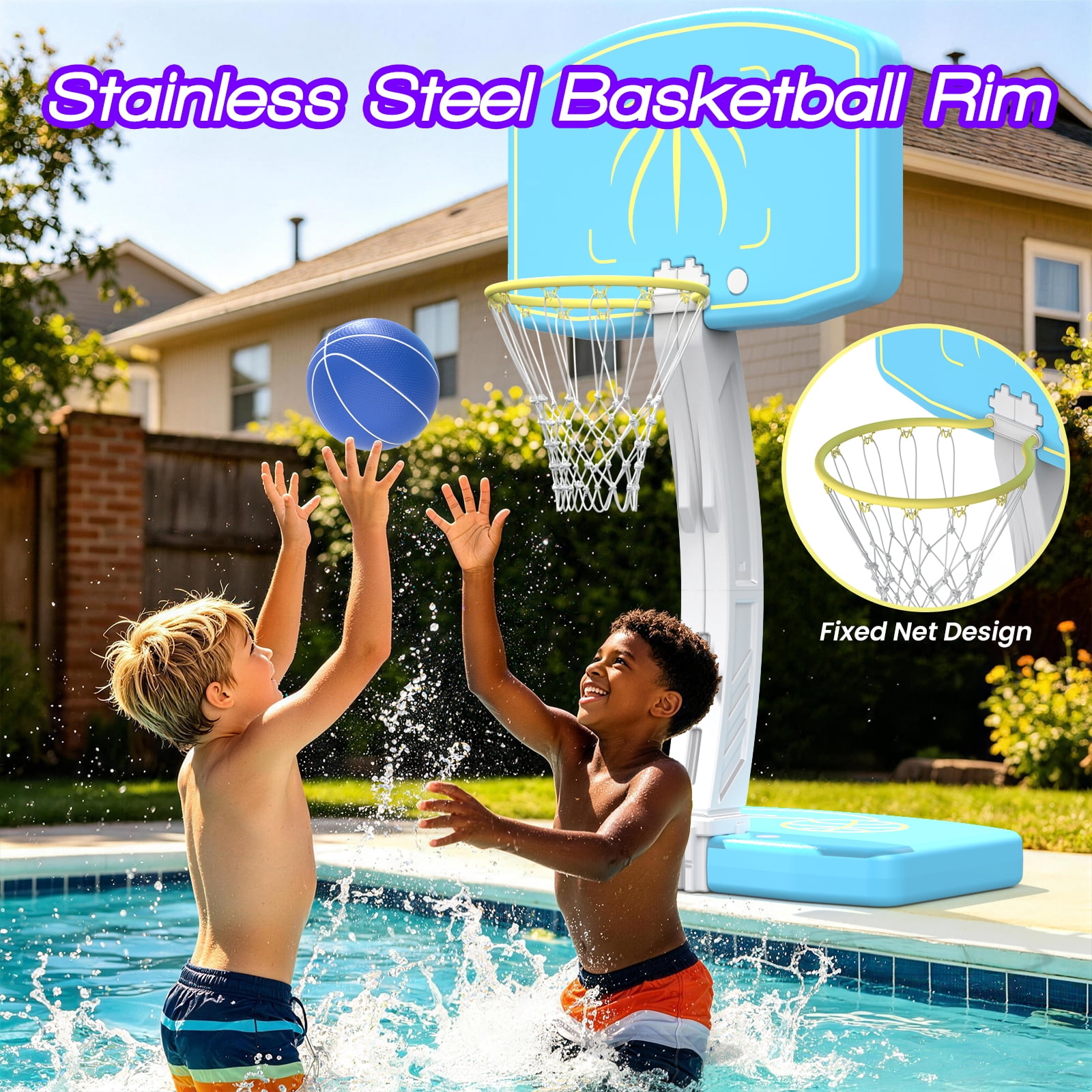 COLIKES 2-in-1 Pool Basketball Hoop Poolside and LED Volleyball Net Combo, Light up Adjustable Volleyball Net, Stainless Basketball Goal, Inground Swimming Water Sports Toy Games for Adults & Teens