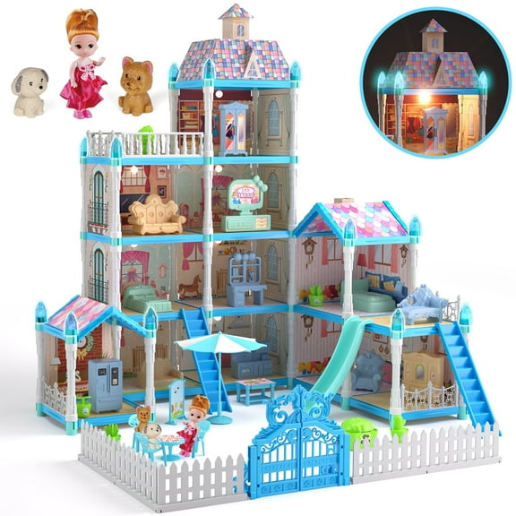 Dollhouse for Girls, 11 Rooms Huge Doll House with LED Lights, Noctilucent, 1 Doll, 2 Dogs, Furnitures, Pretend Play Toys for Girls, Best Birthdays Gift for Girls Age 3 