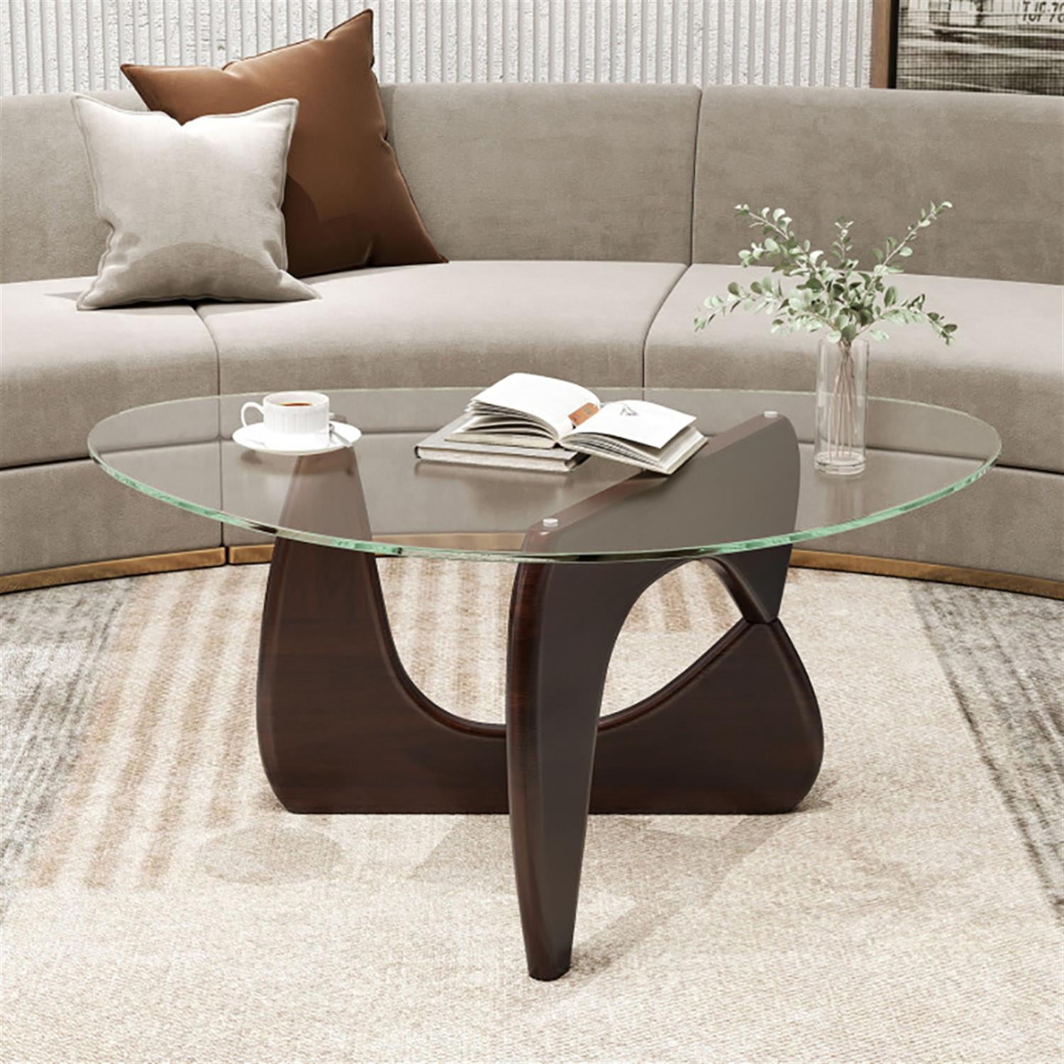 Demi Bonn Triangle Coffee Table, Dining Center Tables with Tempered Glass Top and Adjustable Rubber Wood Base for Living Room, Bedroom, Office and Balcony, Brown